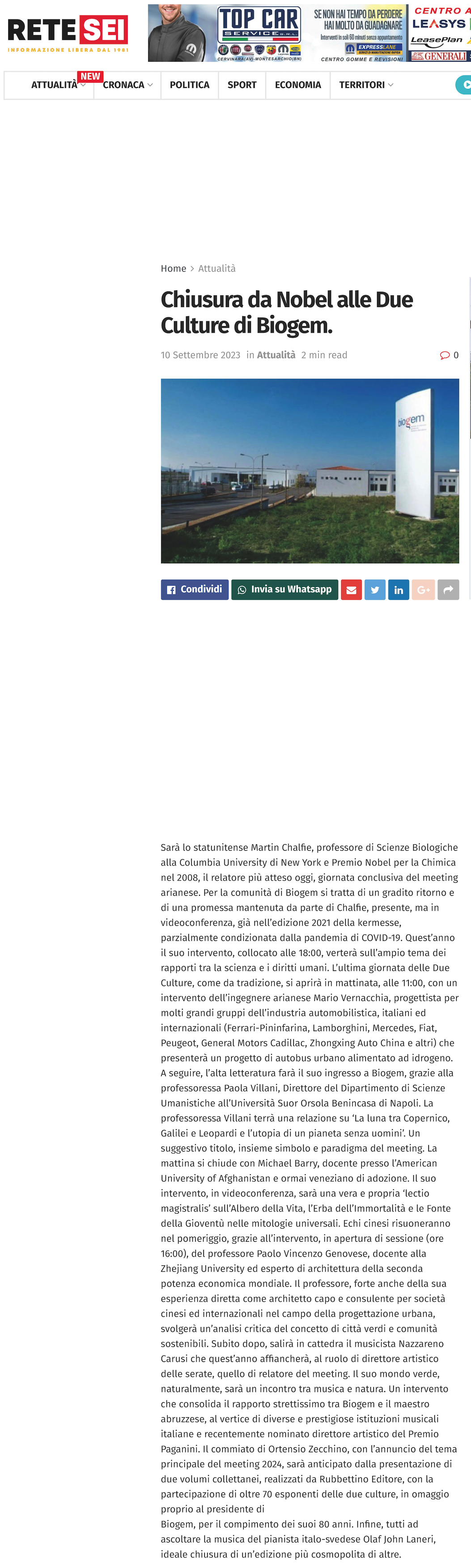 Chiusura da Nobel alle Due Culture di Biogem.